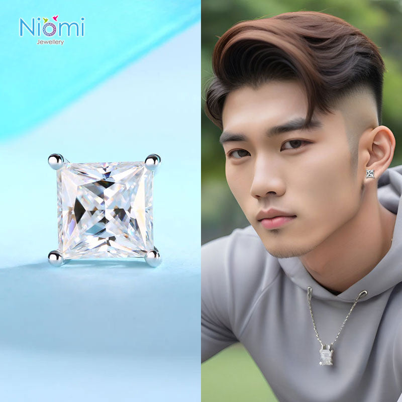 單隻1卡方形莫桑石男裝耳環925純銀香港莫桑鑽專門店- Niomi