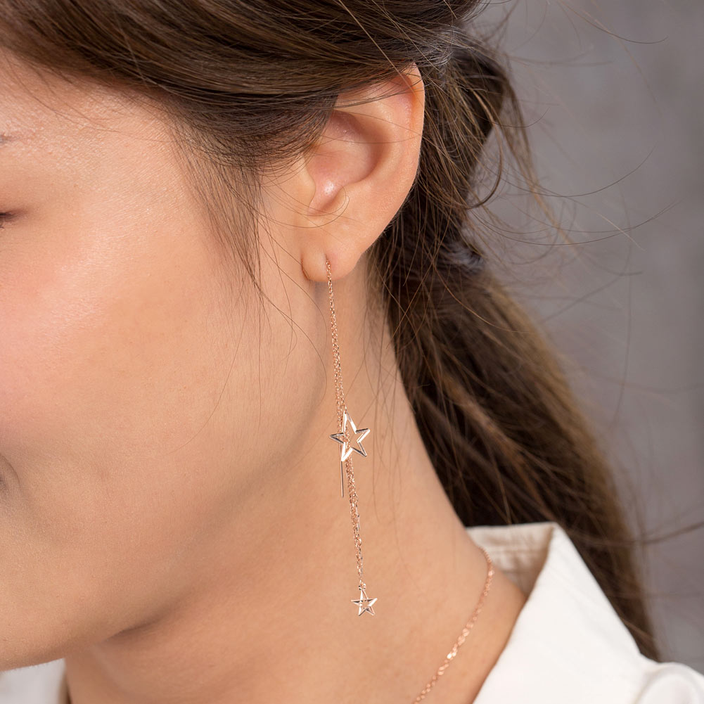 18K玫瑰金 長耳線耳環 垂吊星星 時尚優雅百搭適合OL - 精品珠寶