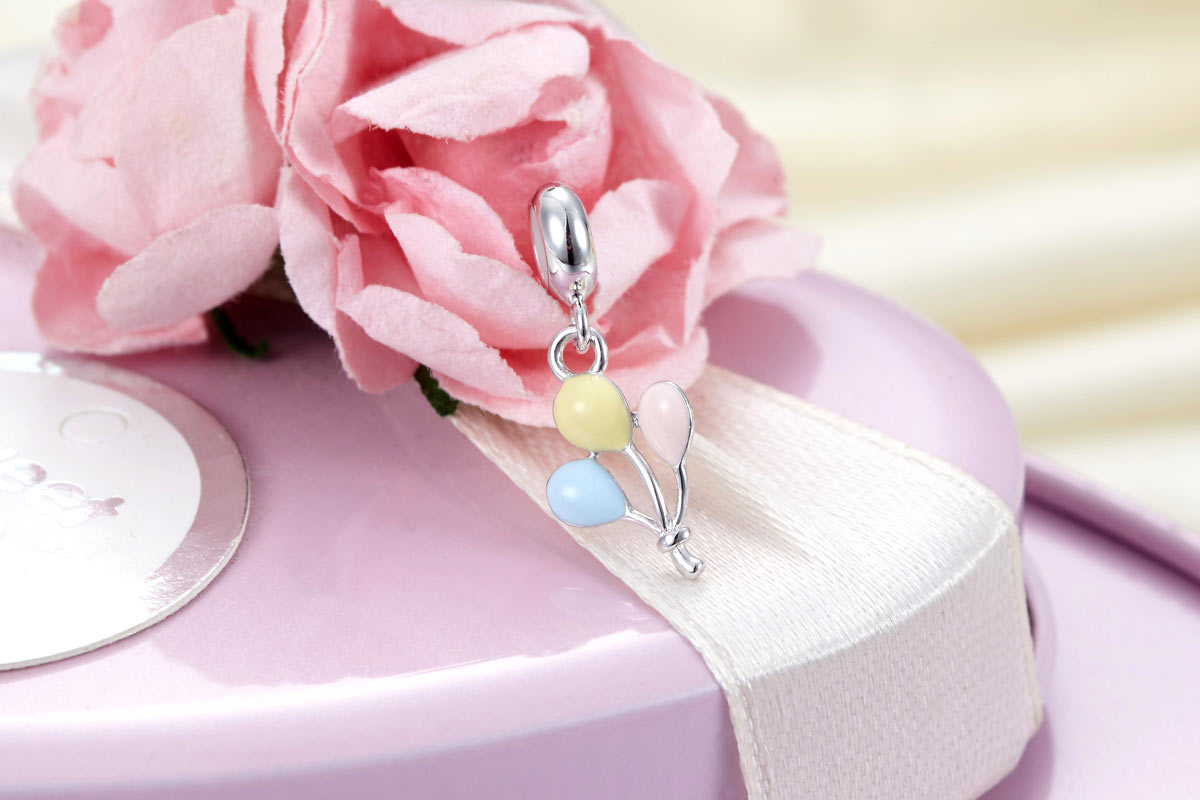 三色氣球藍+黃+粉紅色定位純銀小吊墜 - Charms 925銀串飾 - DIY手鏈鍊串珠飾品