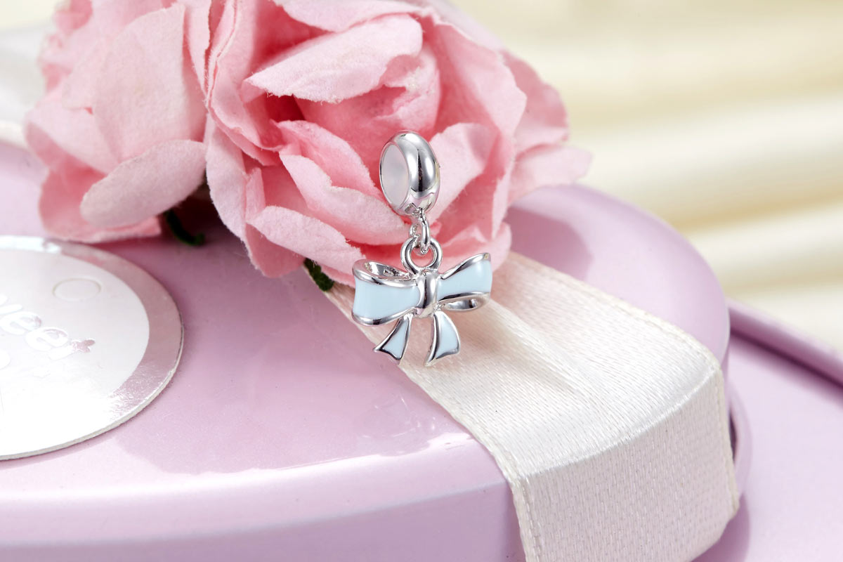 粉藍色小蝴蝶結定位純銀小吊墜 - Charms 925銀串飾 - DIY手鏈鍊串珠飾品