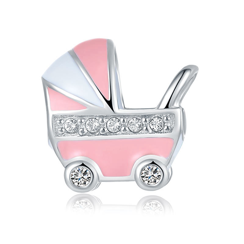 粉紅色嬰兒手推車仔  - Charms 925銀串飾 - DIY手鏈鍊串珠飾品