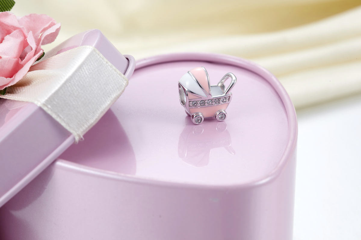 粉紅色嬰兒手推車仔  - Charms 925銀串飾 - DIY手鏈鍊串珠飾品