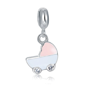 粉紅色小嬰兒車定位純銀小吊墜 - Charms 925銀串飾 - DIY手鏈鍊串珠飾品