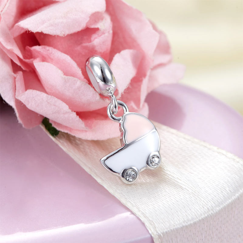 粉紅色小嬰兒車定位純銀小吊墜 - Charms 925銀串飾 - DIY手鏈鍊串珠飾品