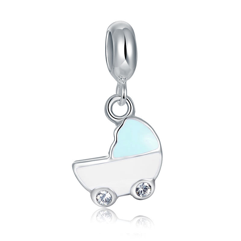 粉藍色小嬰兒車定位純銀小吊墜 - Charms 925銀串飾 - DIY手鏈鍊串珠飾品