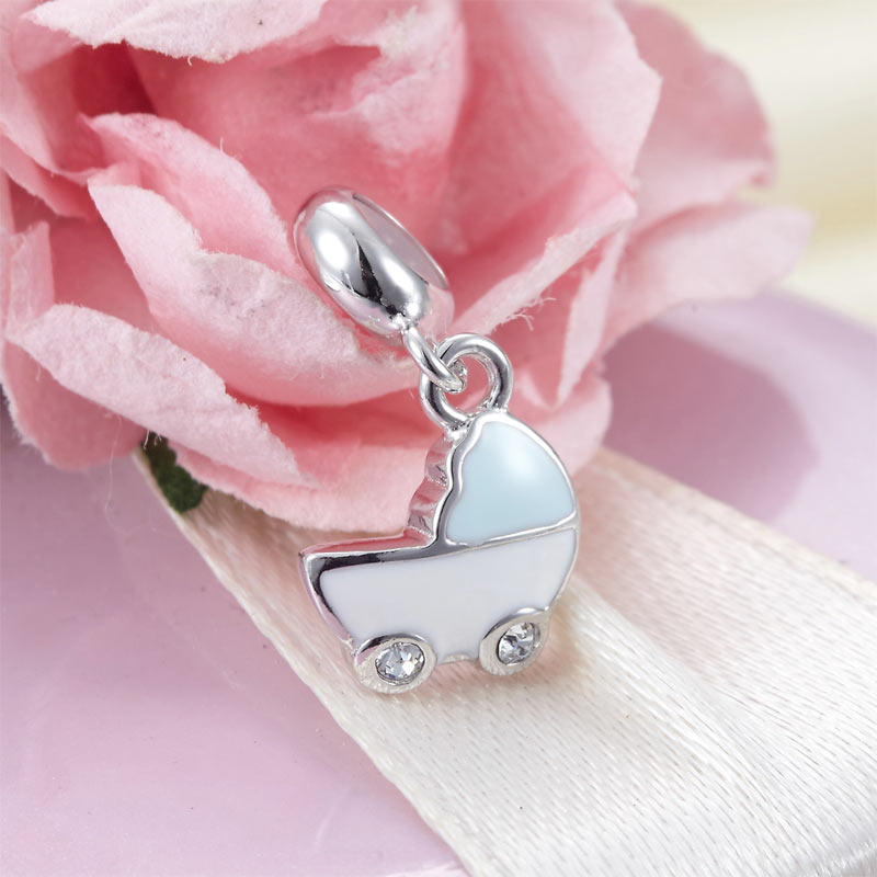 粉藍色小嬰兒車定位純銀小吊墜 - Charms 925銀串飾 - DIY手鏈鍊串珠飾品