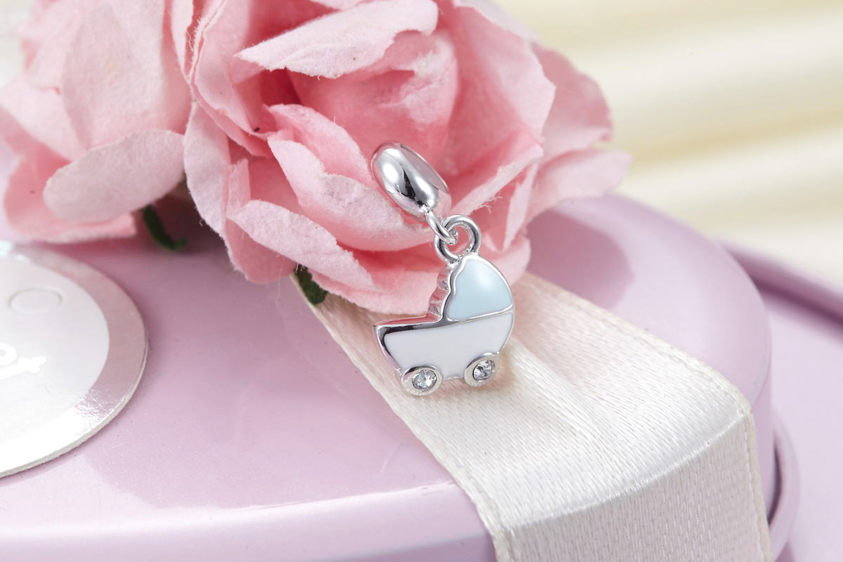 粉藍色小嬰兒車定位純銀小吊墜 - Charms 925銀串飾 - DIY手鏈鍊串珠飾品