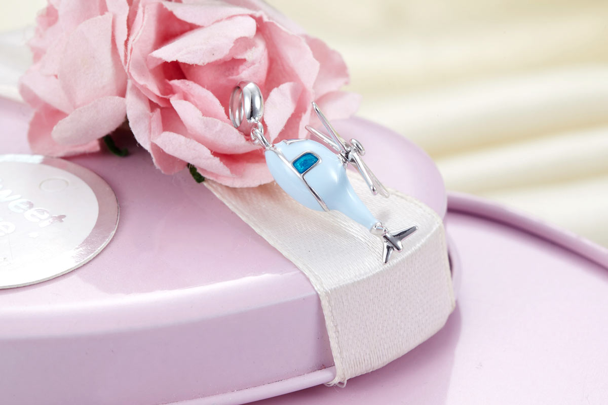 粉藍色直昇機銀吊墜  - Charms 925銀串飾 - DIY手鏈鍊串珠飾品
