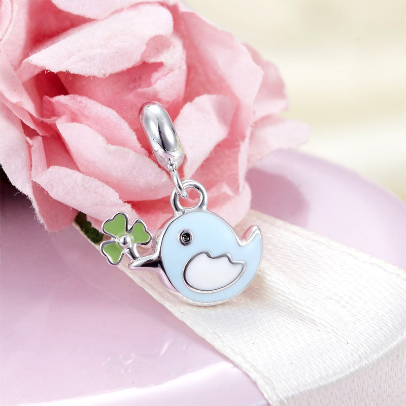 粉藍色小鳥定位純銀小吊墜 - Charms 925銀串飾 - DIY手鏈鍊串珠飾品