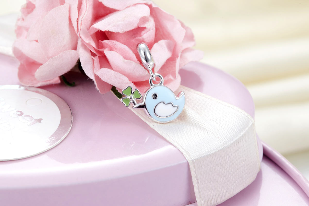 粉藍色小鳥定位純銀小吊墜 - Charms 925銀串飾 - DIY手鏈鍊串珠飾品