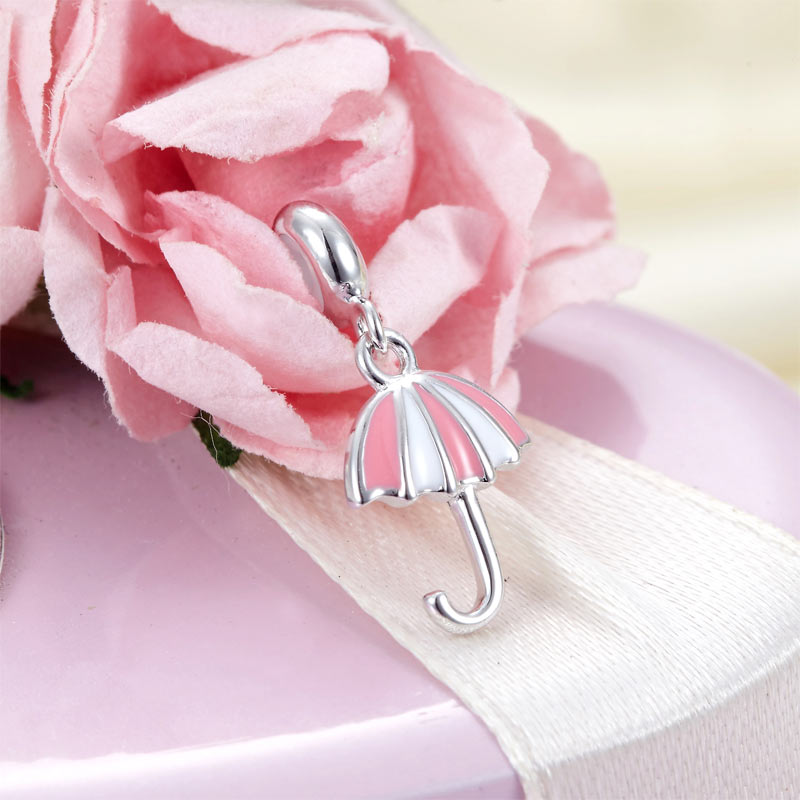 粉紅色迷你小雨傘定位純銀小吊墜 - Charms 925銀串飾 - DIY手鏈鍊串珠飾品