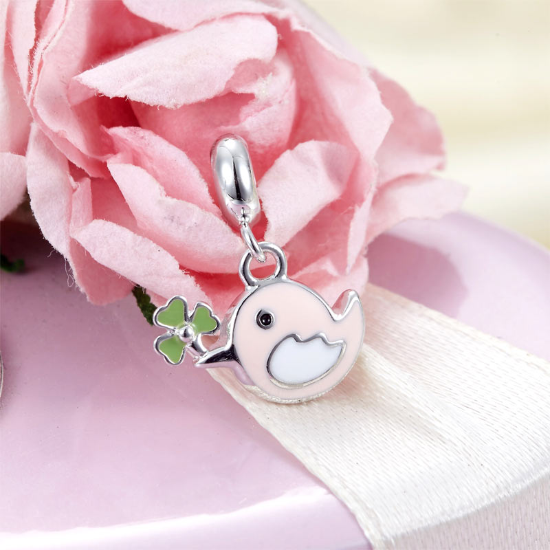 粉紅色小鳥定位純銀小吊墜 - Charms 925銀串飾 - DIY手鏈鍊串珠飾品