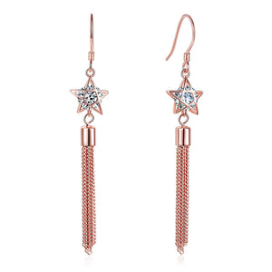 925純銀鍍玫瑰金高仿鑽耳環星星鉤垂吊時尚優雅 Silver Star Dangle Earrings