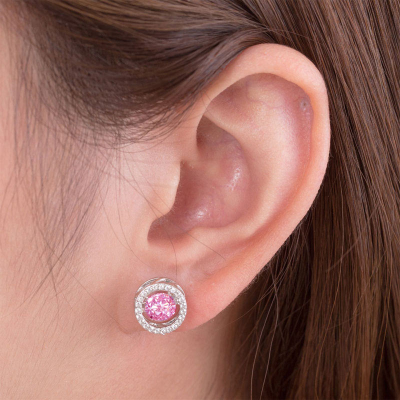 跳動懸浮925純銀 粉紅色仿真鑽耳釘耳環 Pink Silver Earrings