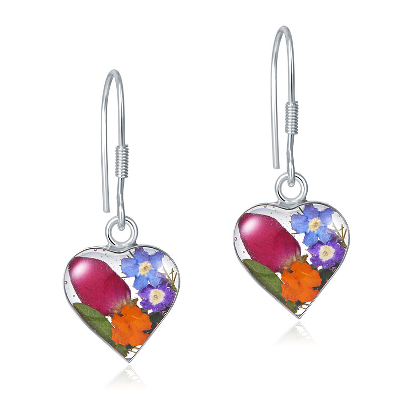 手工 鮮花 心形垂吊 純銀耳環 Handmade Floral Heart Silver Earrings