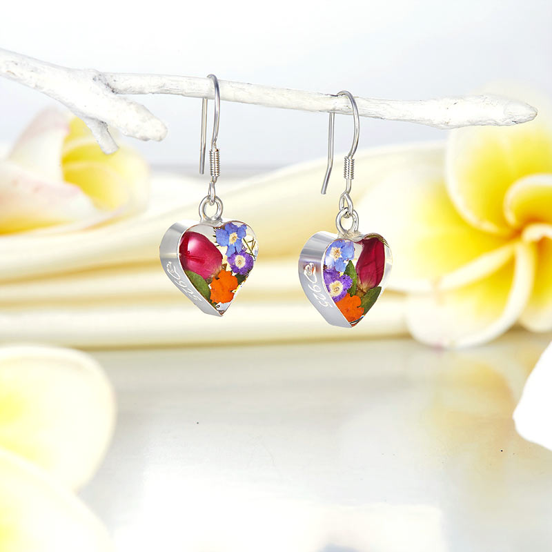 手工 鮮花 心形垂吊 純銀耳環 Handmade Floral Heart Silver Earrings