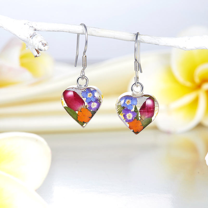 手工 鮮花 心形垂吊 純銀耳環 Handmade Floral Heart Silver Earrings