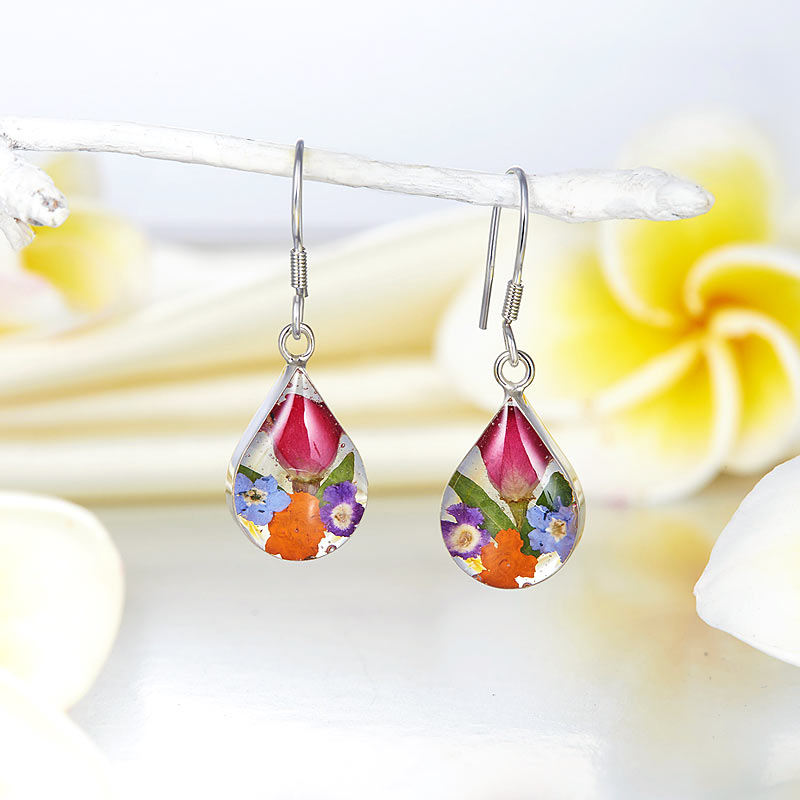 手工 鮮花 水滴垂吊 純銀耳環 Handmade Floral Silver Earrings