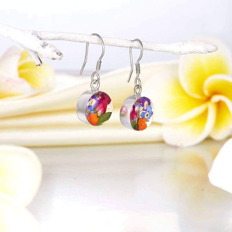 手工 鮮花 圓形垂吊 純銀耳環 Handmade Floral Silver Earrings