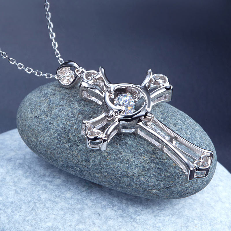 送至愛觸動心靈禮物 十字架純銀頸鏈 鑲嵌仿鑽跳動懸浮項鍊