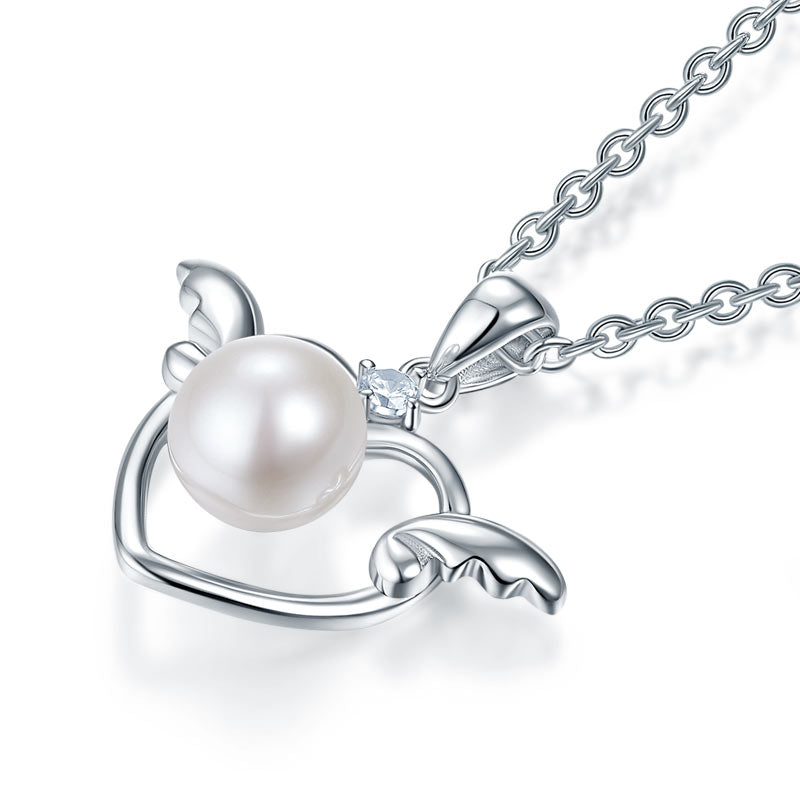 小童淡水珍珠項鍊 925純銀 心形小天使翼 925 Silver Girl Angel Wing Pearl Necklace