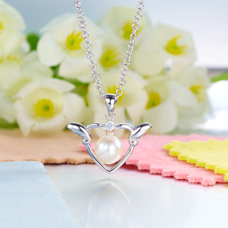 小童淡水珍珠項鍊 925純銀 心形小天使翼 925 Silver Girl Angel Wing Pearl Necklace
