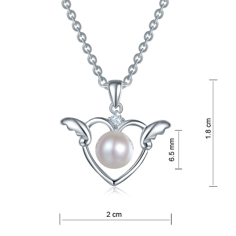 小童淡水珍珠項鍊 925純銀 心形小天使翼 925 Silver Girl Angel Wing Pearl Necklace