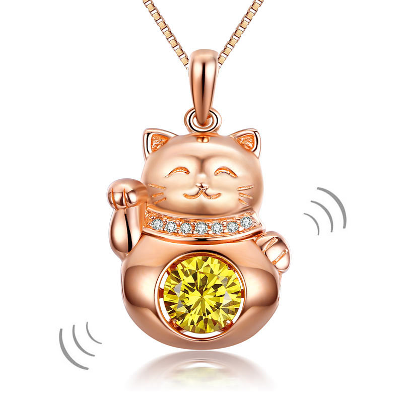 招財貓跳動懸浮925純銀鍍玫瑰金高仿鑽項鍊  Fortune Cat Necklace