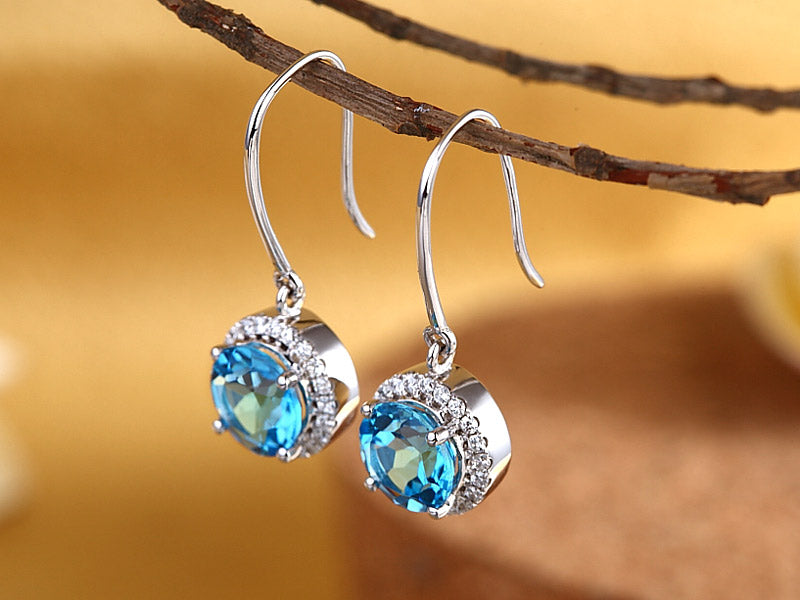 14K白金耳環配藍色天然托帕石天然鑽石- 精品珠寶