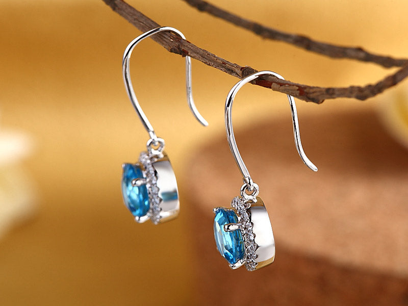 14K白金耳環配藍色天然托帕石天然鑽石- 精品珠寶