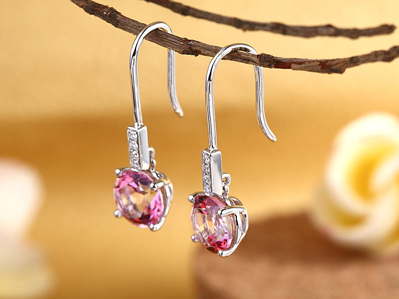 14K白金 耳環配粉紅天然托帕石天然鑽石- 精品珠寶