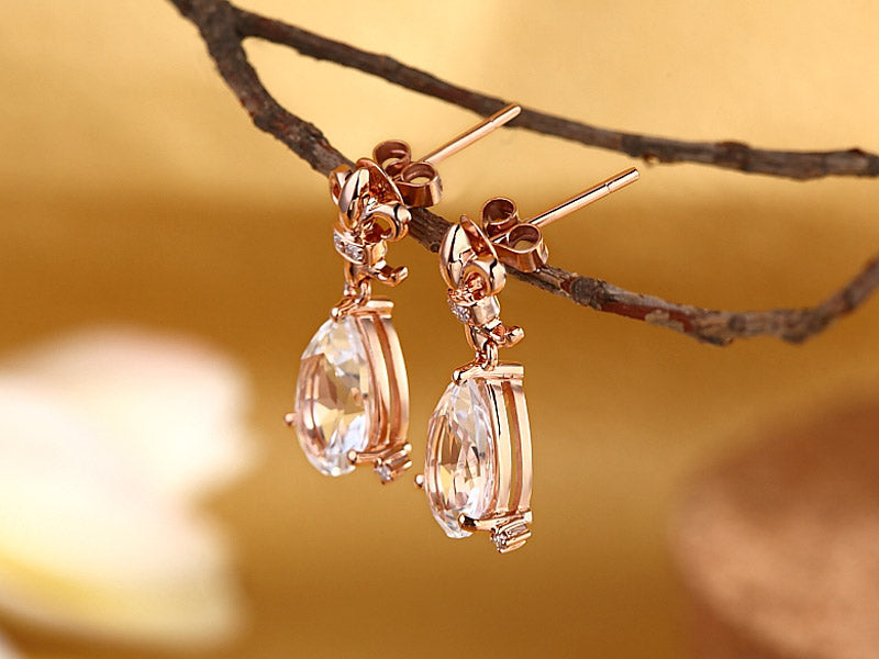 14K玫瑰金耳環 白色天然托帕石 吊垂 配天然鑽石 - 精品珠寶