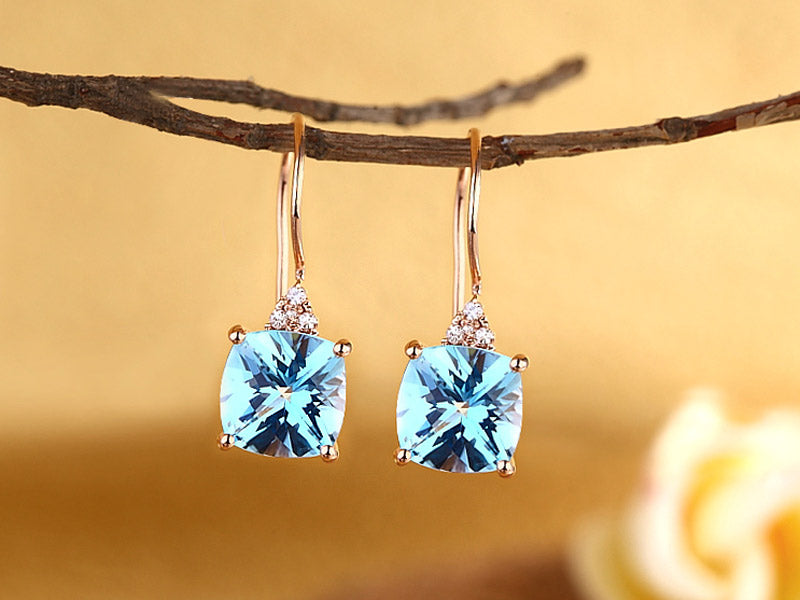 14K玫瑰金 耳環配 藍色托帕石天然鑽石- 精品珠寶