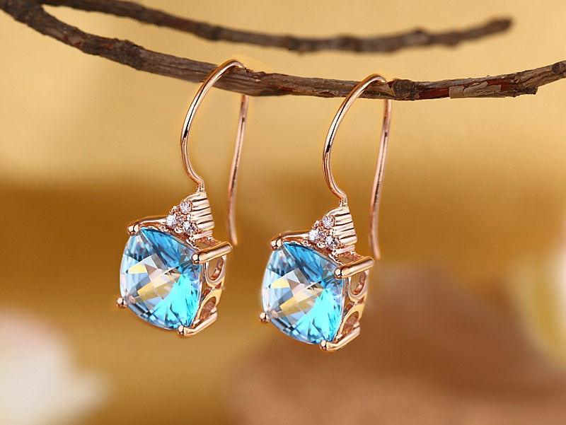 14K玫瑰金 耳環配 藍色托帕石天然鑽石- 精品珠寶