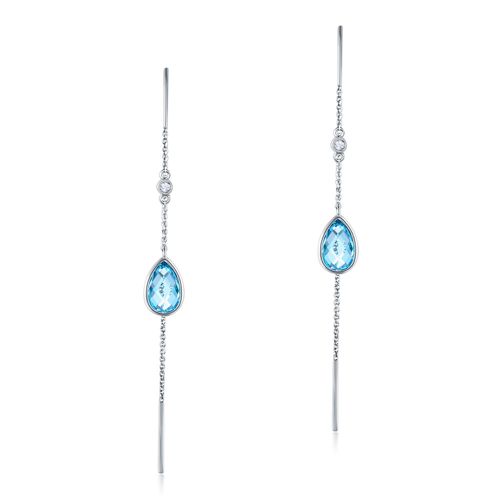 14K白金 長耳線耳環 天然藍色天然托帕石 配天然鑽石 推薦