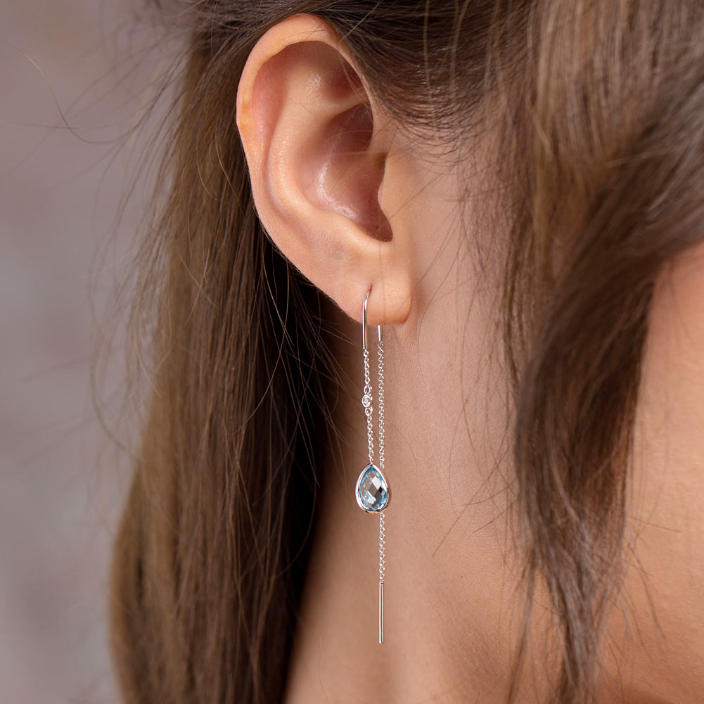 14K白金 長耳線耳環 天然藍色天然托帕石 配天然鑽石 推薦