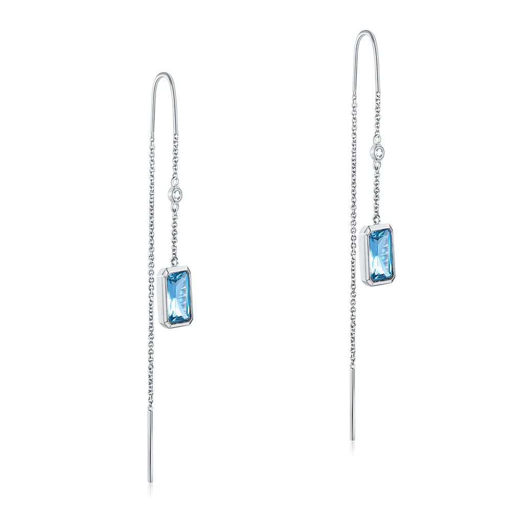 14K白金耳線耳環 藍色天然托帕石 配鑽石 香港精品珠寶