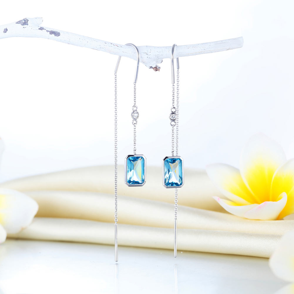 14K白金耳線耳環 藍色天然托帕石 配鑽石 香港精品珠寶