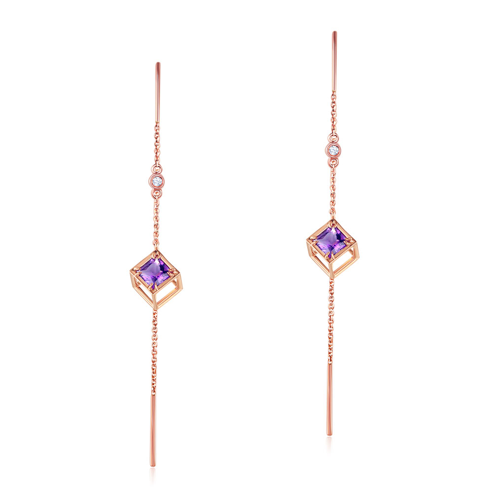 14K/玫瑰金 耳線耳環 天然紫水晶 配鑽石香 港精品珠寶 推薦