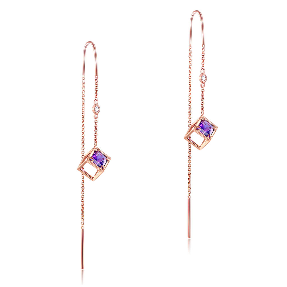14K/玫瑰金 耳線耳環 天然紫水晶 配鑽石香 港精品珠寶 推薦