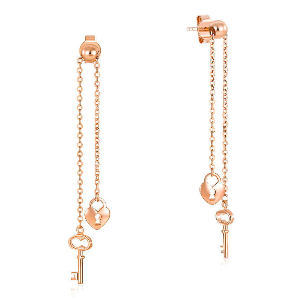 18K玫瑰金 長耳線耳環心鎖鑰匙 適合OL精品珠寶Rose Gold Key Lock Earrings