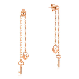純18K/750玫瑰金長耳線耳環心鎖鑰匙 適合OL精品珠寶Rose Gold Key Lock Earrings