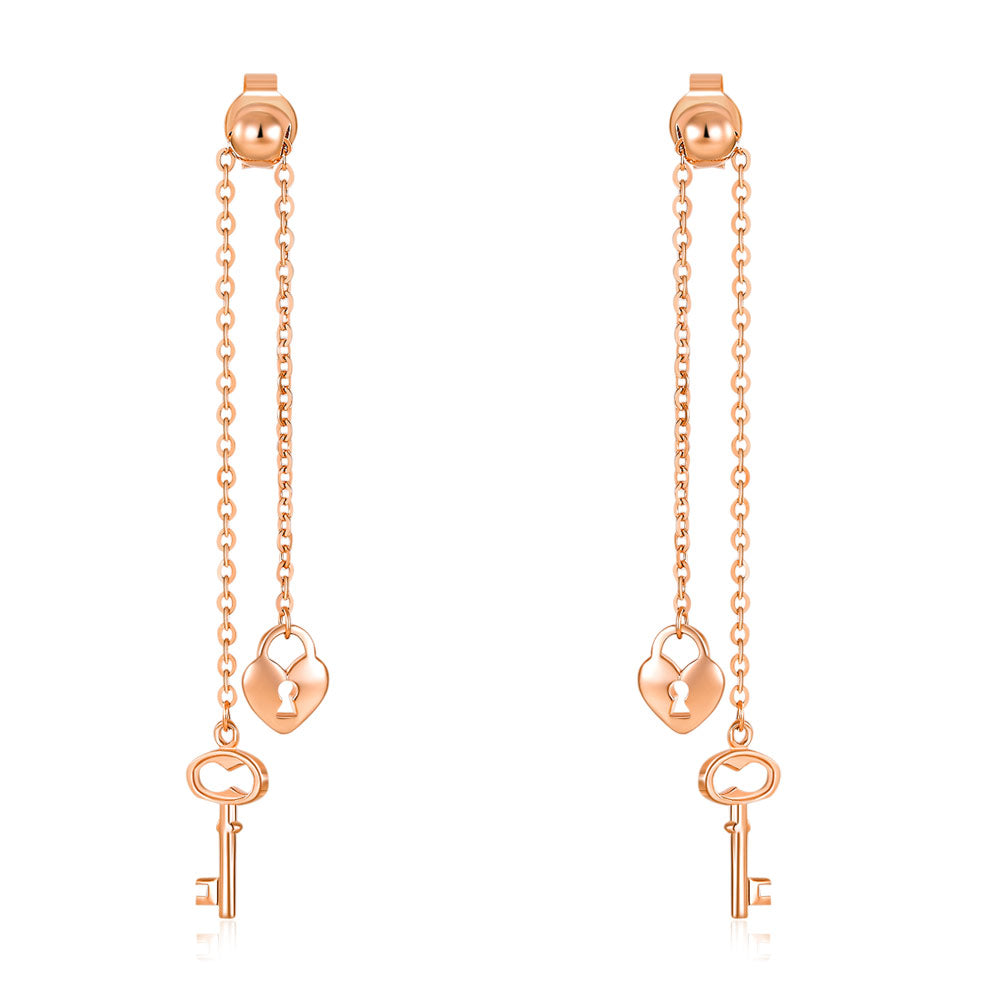 18K玫瑰金 長耳線耳環心鎖鑰匙 適合OL精品珠寶Rose Gold Key Lock Earrings