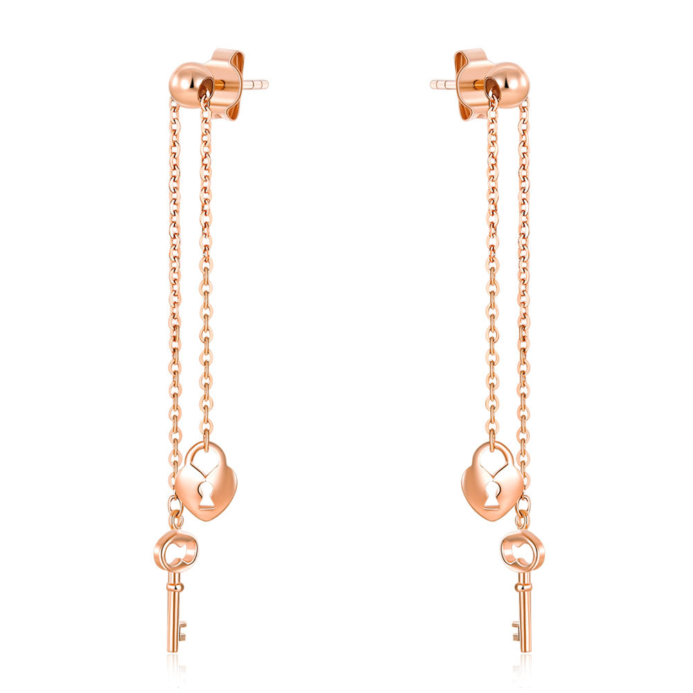 18K玫瑰金 長耳線耳環心鎖鑰匙 適合OL精品珠寶Rose Gold Key Lock Earrings