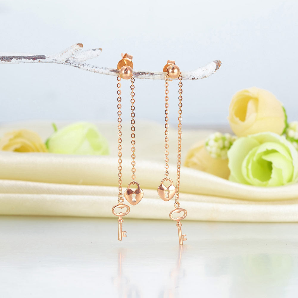 18K玫瑰金 長耳線耳環心鎖鑰匙 適合OL精品珠寶Rose Gold Key Lock Earrings