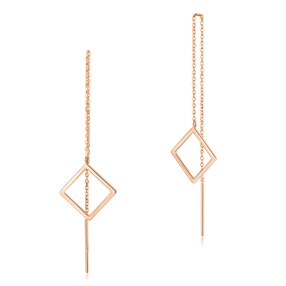 18K玫瑰金 長耳線耳環 時尚優雅百搭 適合OL精品珠寶Rose Gold Long Line Square Earrings