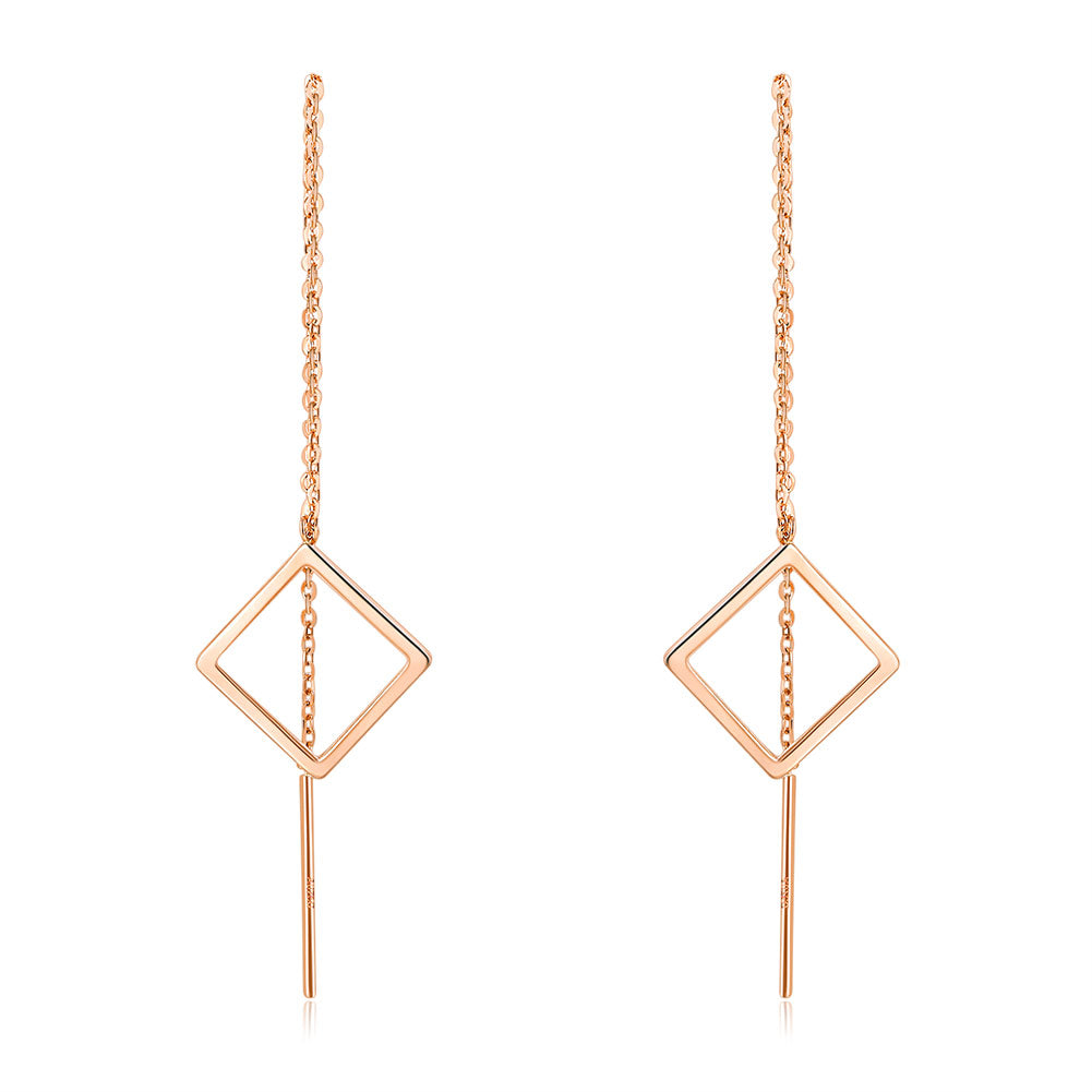 18K玫瑰金 長耳線耳環 時尚優雅百搭 適合OL精品珠寶Rose Gold Long Line Square Earrings