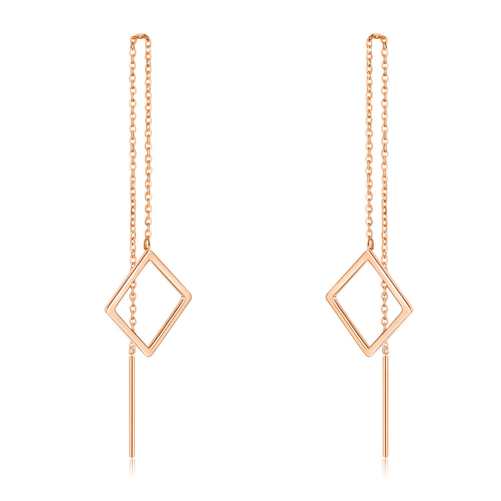 18K玫瑰金 長耳線耳環 時尚優雅百搭 適合OL精品珠寶Rose Gold Long Line Square Earrings