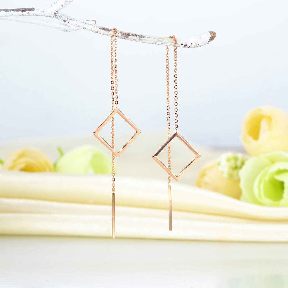 18K玫瑰金 長耳線耳環 時尚優雅百搭 適合OL精品珠寶Rose Gold Long Line Square Earrings