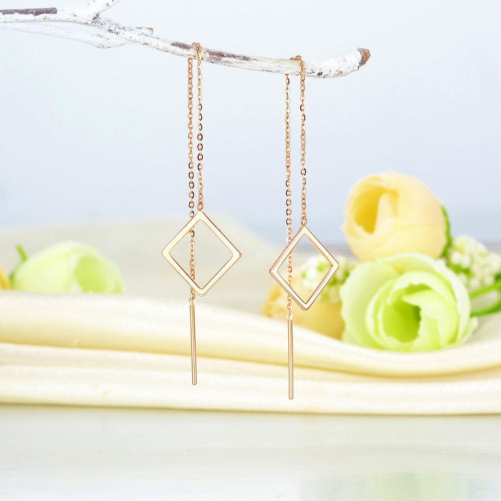 18K玫瑰金 長耳線耳環 時尚優雅百搭 適合OL精品珠寶Rose Gold Long Line Square Earrings